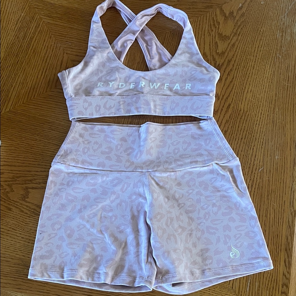 Ryderwear Women's Light Pink Leopard Sports Bra and Shorts,